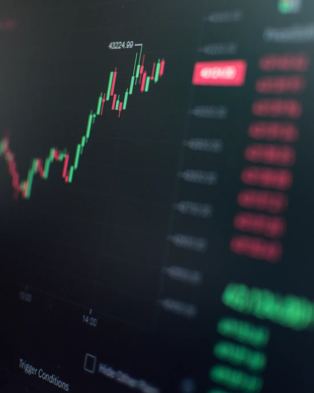 Krypto-Kurschart mit grünen und roten Kerzen auf einem Trading-Bildschirm